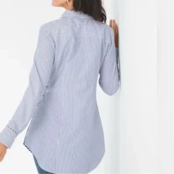 Chico’s Blue/White Stripe Tie-Front Button Down Coastal Classic Tunic Size LG - Picture 2 of 6